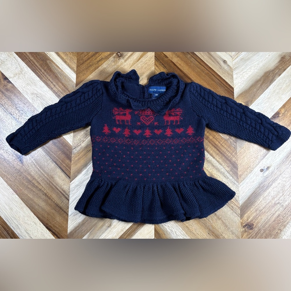 Ralph Lauren Navy Blue & Red Fair Isle Reindeer Christmas Sweater Peplum Hem